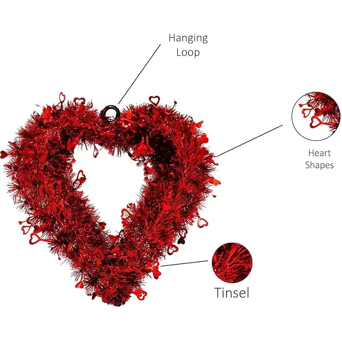 4E’s Novelty 14” Valentines Tinsel Wreath – Red Heart Design for Front Door & Romantic Decor