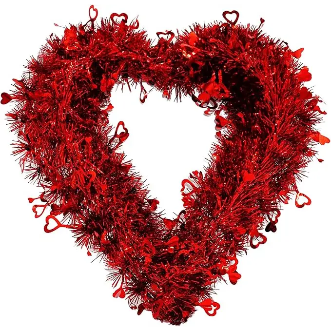 4E’s Novelty 14” Valentines Tinsel Wreath – Red Heart Design for Front Door & Romantic Decor