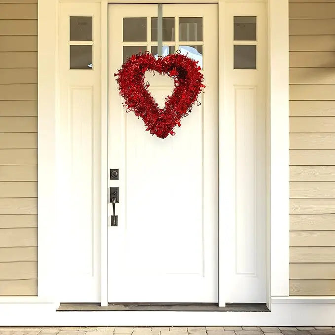 4E’s Novelty 14” Valentines Tinsel Wreath – Red Heart Design for Front Door & Romantic Decor