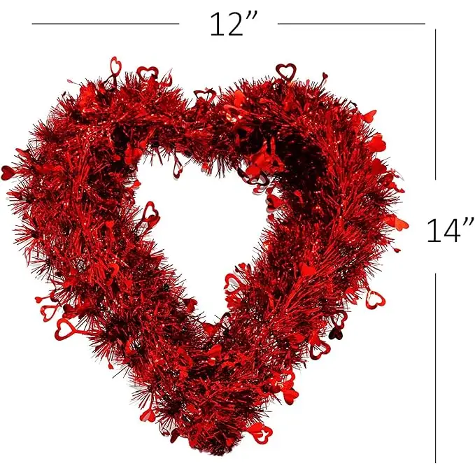 4E’s Novelty 14” Valentines Tinsel Wreath – Red Heart Design for Front Door & Romantic Decor