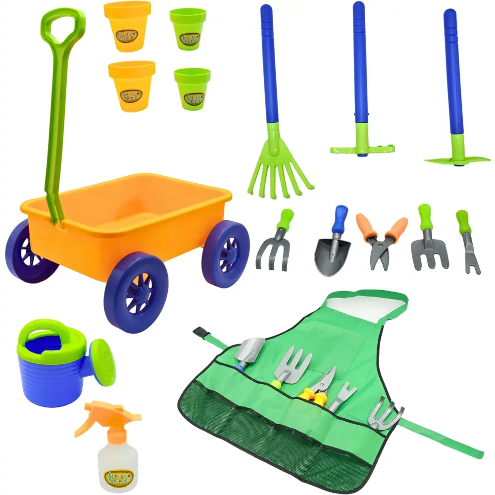 4EsNovelty 15-Piece Kids Gardening Essentials, Wagon & Outdoor Toys for Toddlers 1-3 Age
