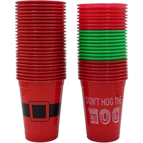 4E’s Novelty 16 oz Christmas Cups for Party - 50 Pack Christmas Party Disposable Plastic Cups with Santa & Humorous