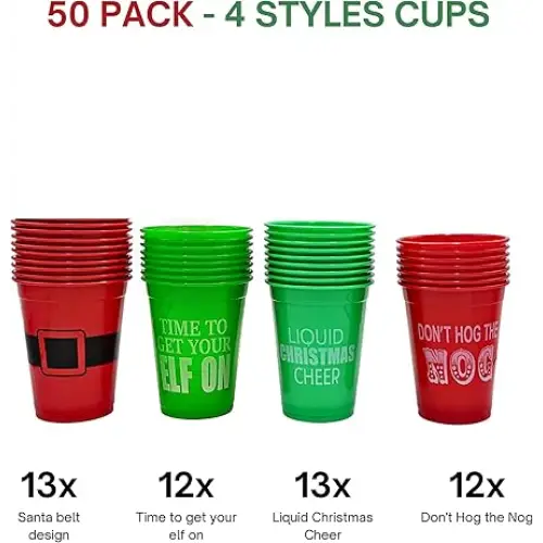 4E’s Novelty 16 oz Christmas Cups for Party - 50 Pack Christmas Party Disposable Plastic Cups with Santa & Humorous