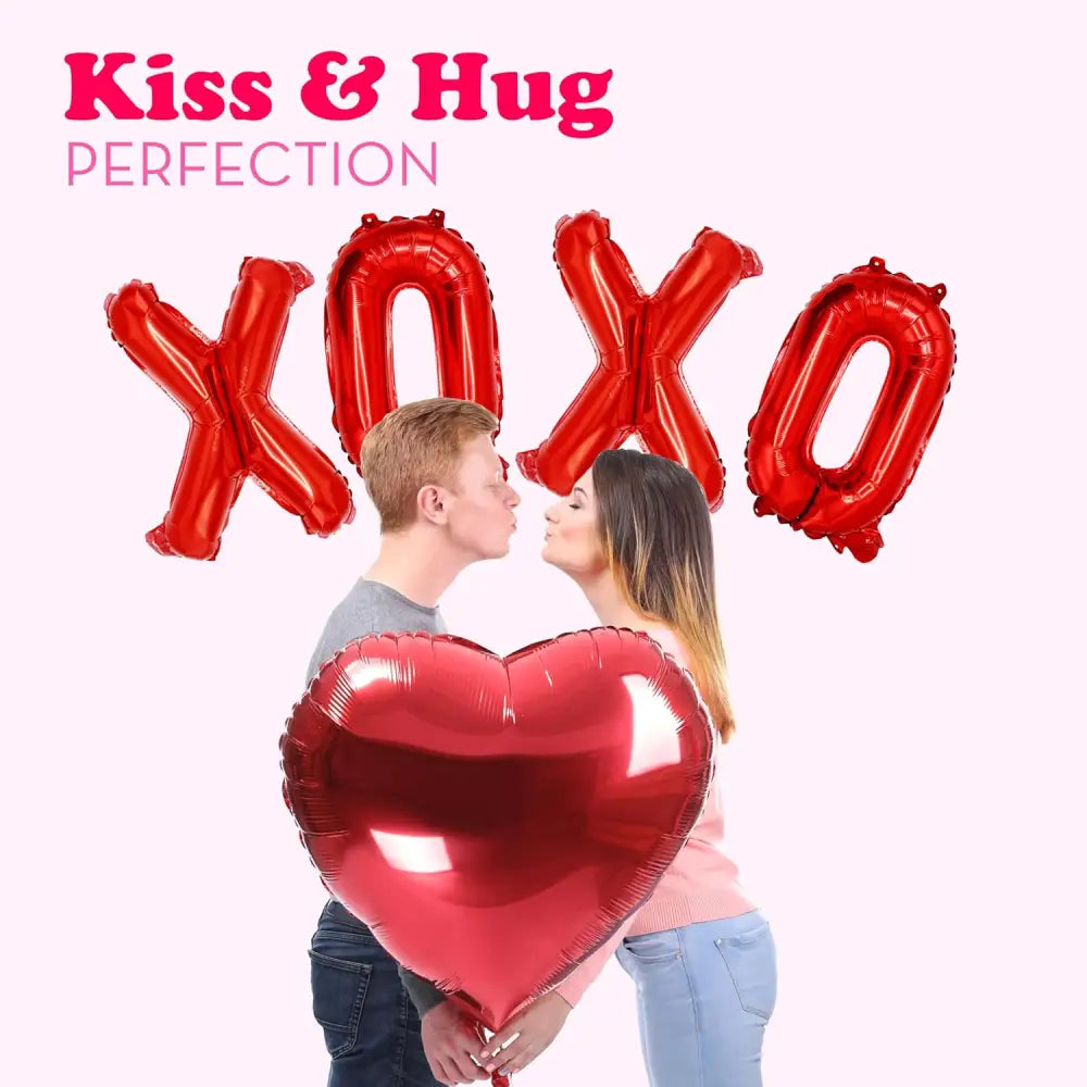 4E’s Novelty 16” XOXO Balloons – Red Foil Valentine Party Balloons with Ribbon & Straw Included