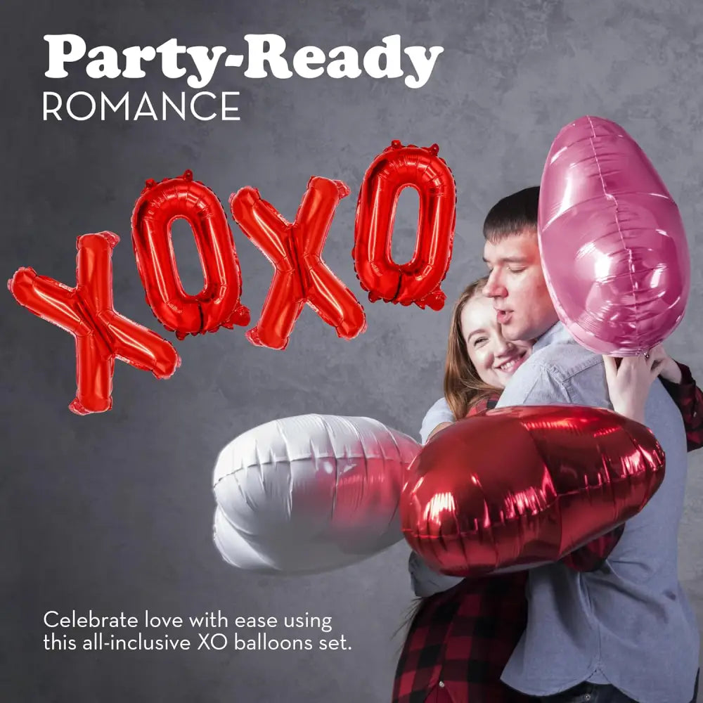 4E’s Novelty 16” XOXO Balloons – Red Foil Valentine Party Balloons with Ribbon & Straw Included