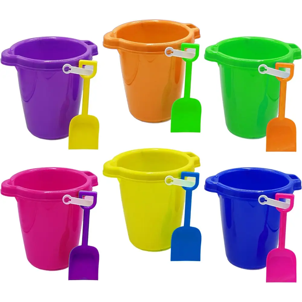 4E's Novelty 6 Pack Sand Buckets and Shovels for Kids - 7.5 Inch Large Beach Bucket Sand Toys for Toddlers & Kids, Beach Party Favors