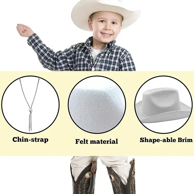 4E’s Novelty 2 Pack Kids Cowboy Hat - White Cowboy Hats with Chin Strap for Boys & Girls Ages 5-12 Dress-Up Fun