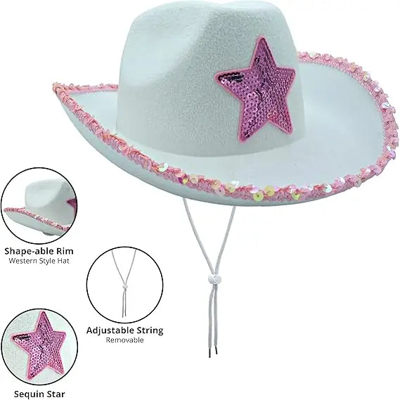 4E's Novelty 2 Packs Cowboy Hat with Heart Shaped Sunglasses - Felt White & Pink Cowgirl Hat with Sequins for Women Bachelorette Party Dress Up Accessory