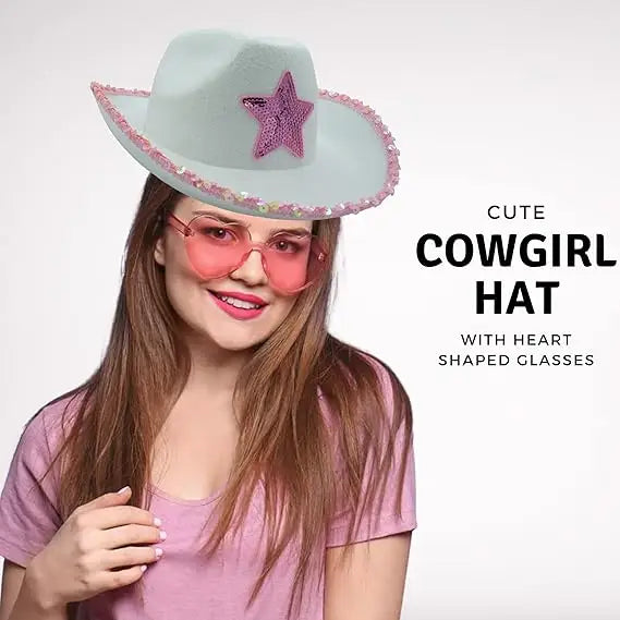 4E's Novelty 2 Packs Cowboy Hat with Heart Shaped Sunglasses - Felt White & Pink Cowgirl Hat with Sequins for Women Bachelorette Party Dress Up Accessory