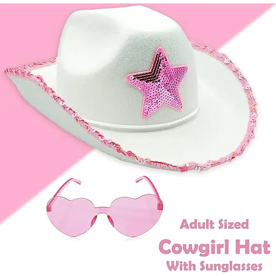 4E's Novelty 2 Packs Cowboy Hat with Heart Shaped Sunglasses - Felt White & Pink Cowgirl Hat with Sequins for Women Bachelorette Party Dress Up Accessory