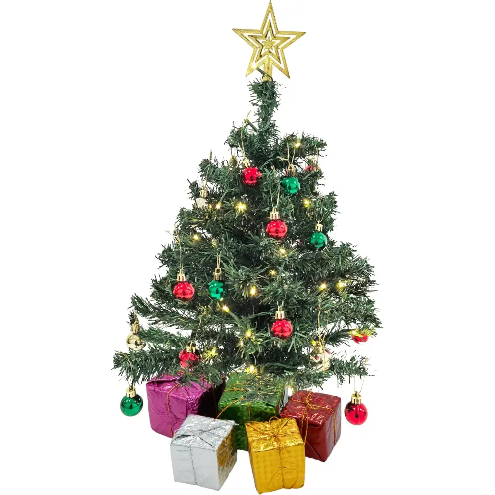 4Eโs Novelty 23โโ Pre-Lit Mini Christmas Tree with Star Topper โ Desk Tabletop Holiday Decor with Colorful Ornaments