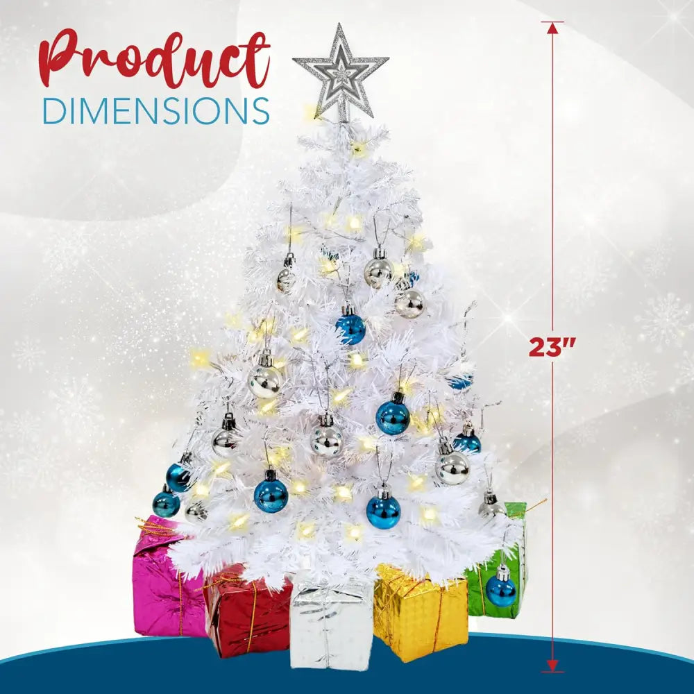 4E’s Novelty 23’’ Pre-Lit White Christmas Tree with Star Topper – Mini Tabletop Tree with Ornaments & Lights