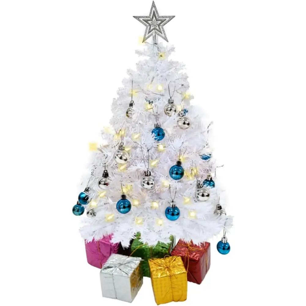 4E’s Novelty 23’’ Pre-Lit White Christmas Tree with Star Topper – Mini Tabletop Tree with Ornaments & Lights