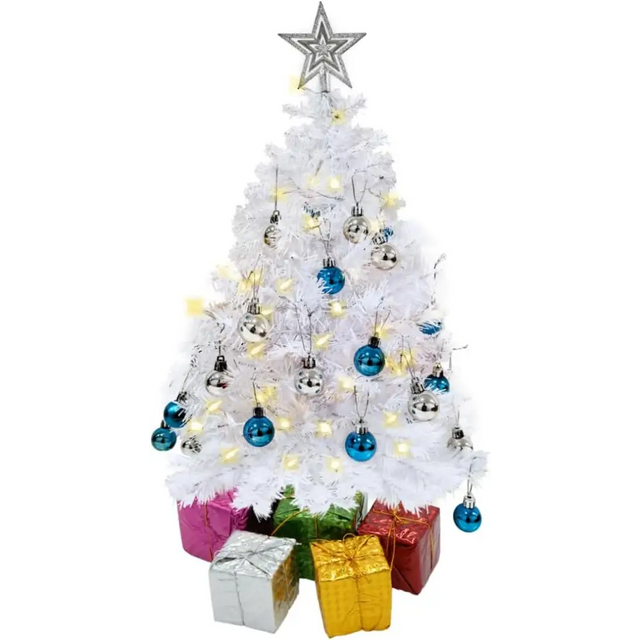 4E’s Novelty 23’’ Pre-Lit White Christmas Tree with Star Topper – Mini Tabletop Tree with Ornaments & Lights
