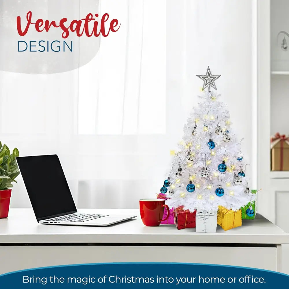 4E’s Novelty 23’’ Pre-Lit White Christmas Tree with Star Topper – Mini Tabletop Tree with Ornaments & Lights