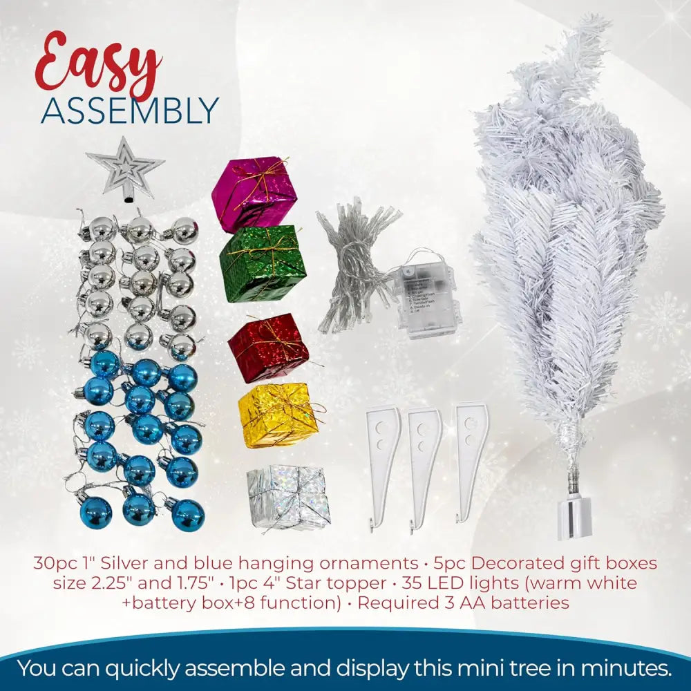 4E’s Novelty 23’’ Pre-Lit White Christmas Tree with Star Topper – Mini Tabletop Tree with Ornaments & Lights