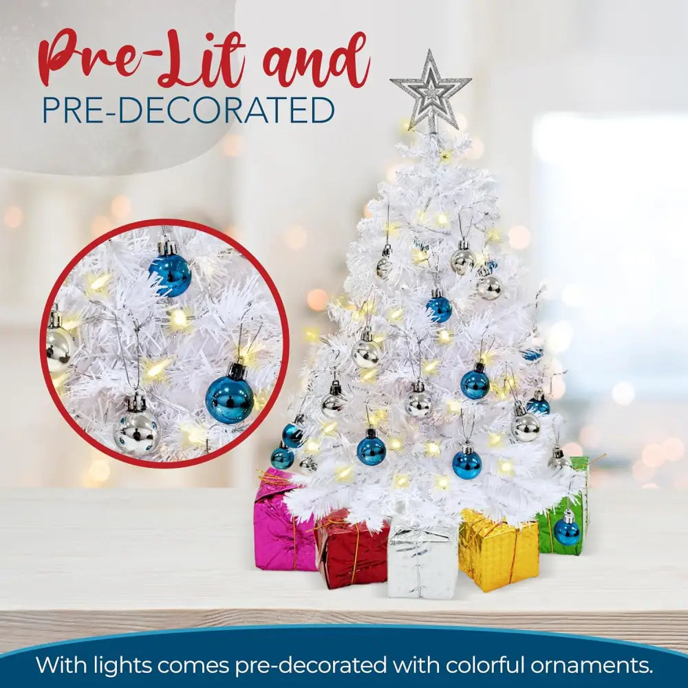 4E’s Novelty 23’’ Pre-Lit White Christmas Tree with Star Topper – Mini Tabletop Tree with Ornaments & Lights