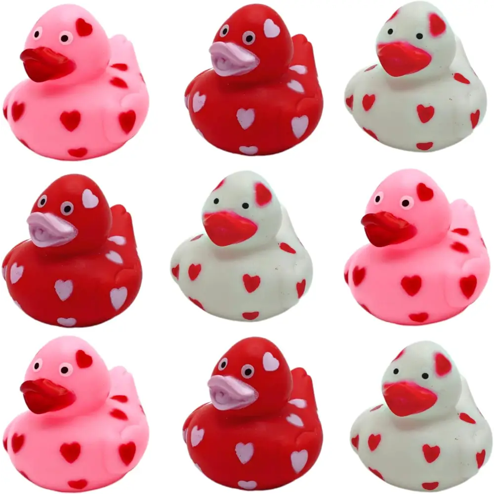 4E’s Novelty 24-Pack Mini Valentines Rubber Ducks – Red Ducks with Heart Design for Party Favors