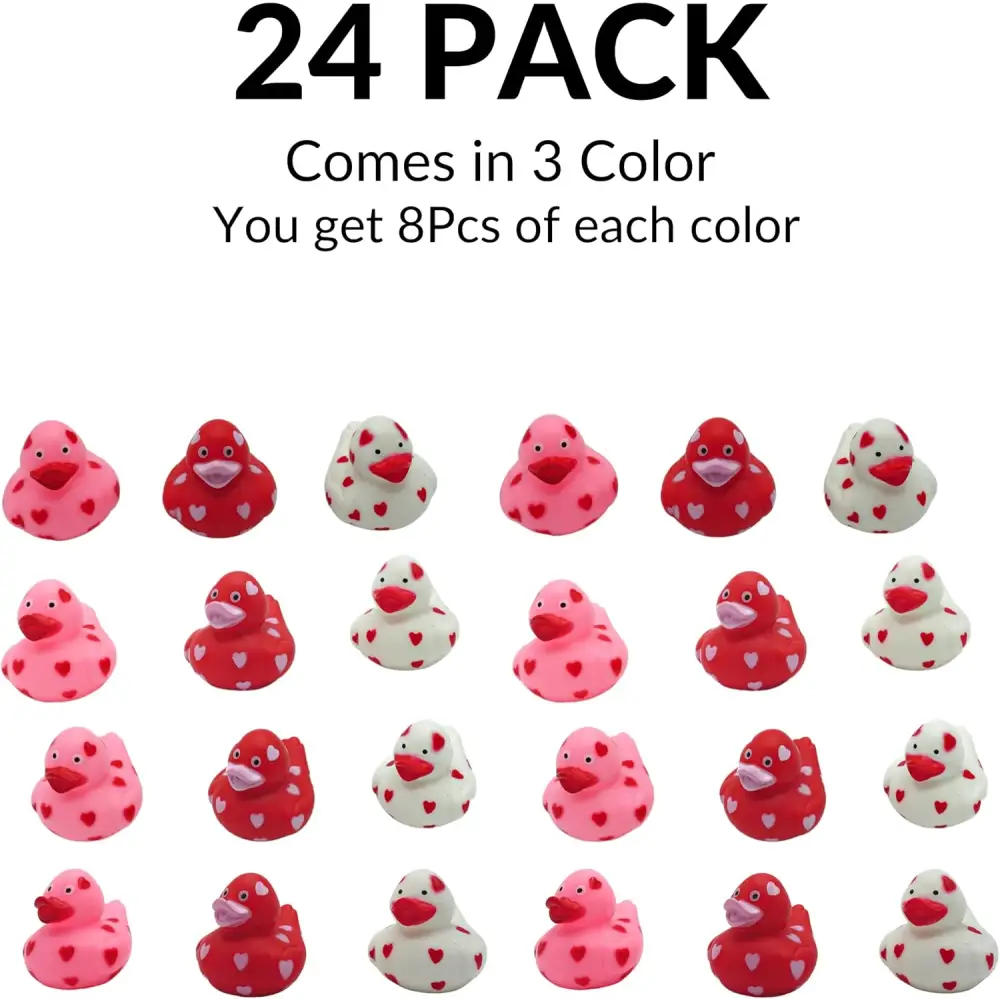 4E’s Novelty 24-Pack Mini Valentines Rubber Ducks – Red Ducks with Heart Design for Party Favors