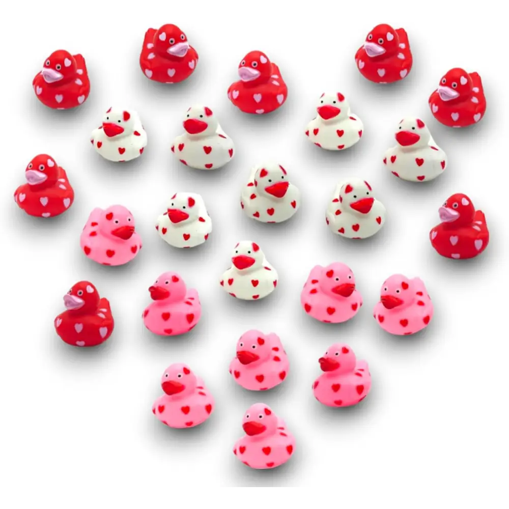 4E’s Novelty 24-Pack Mini Valentines Rubber Ducks – Red Ducks with Heart Design for Party Favors