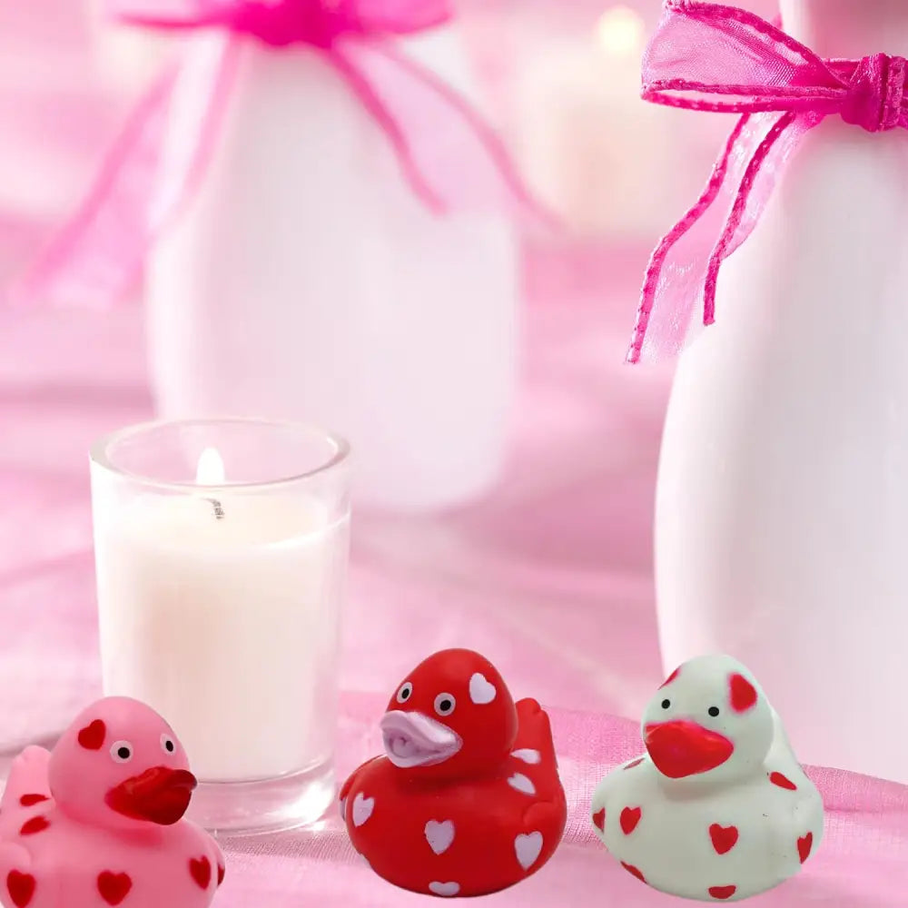4E’s Novelty 24-Pack Mini Valentines Rubber Ducks – Red Ducks with Heart Design for Party Favors