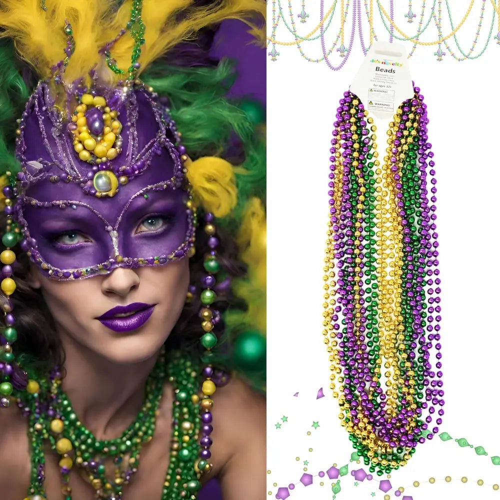 4Eโs Novelty 24-Pack Purple Green & Gold Bead Necklaces Mardi Gras Party Supplies