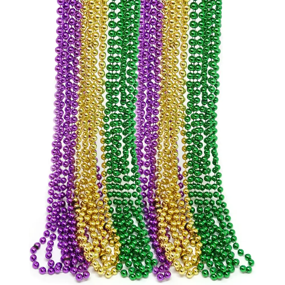 4Eโs Novelty 24-Pack Purple Green & Gold Bead Necklaces Mardi Gras Party Supplies