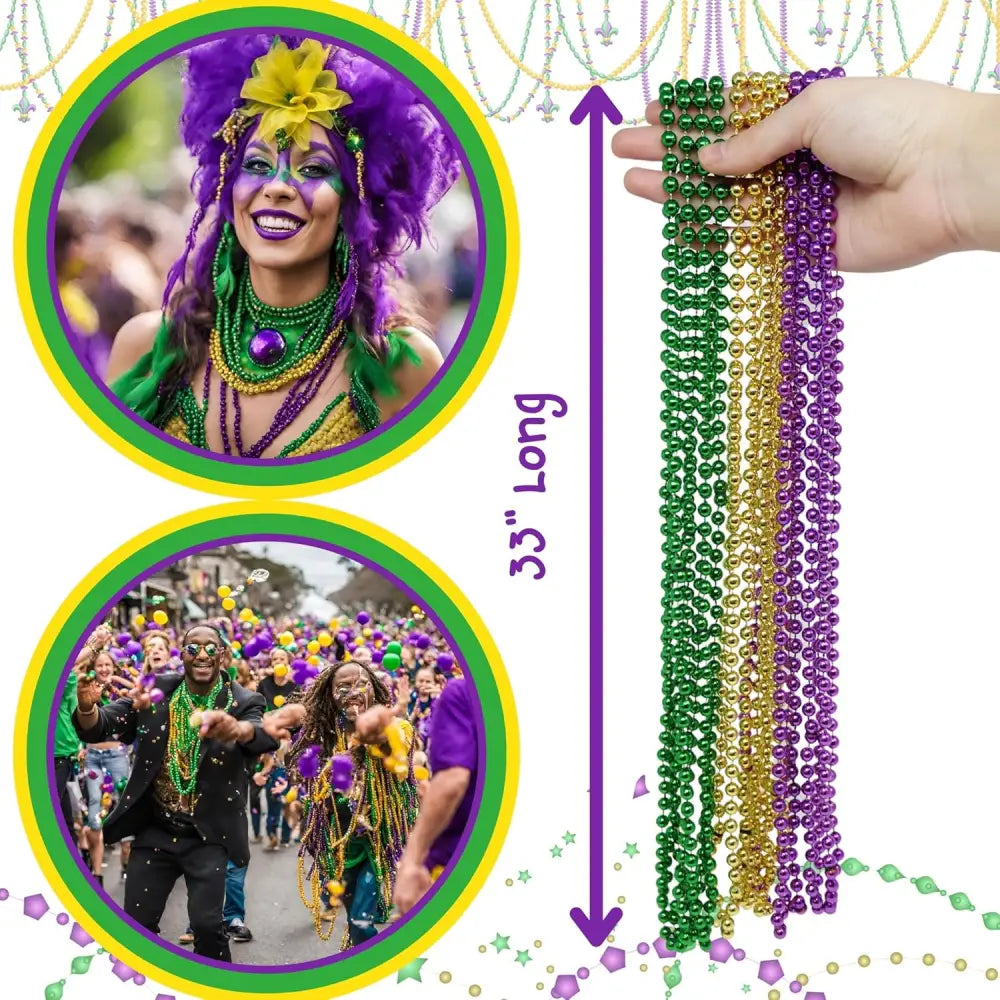 4Eโs Novelty 24-Pack Purple Green & Gold Bead Necklaces Mardi Gras Party Supplies