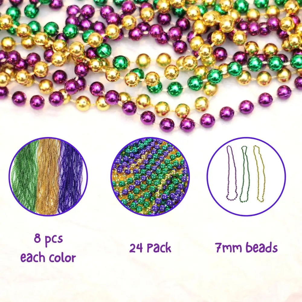 4Eโs Novelty 24-Pack Purple Green & Gold Bead Necklaces Mardi Gras Party Supplies