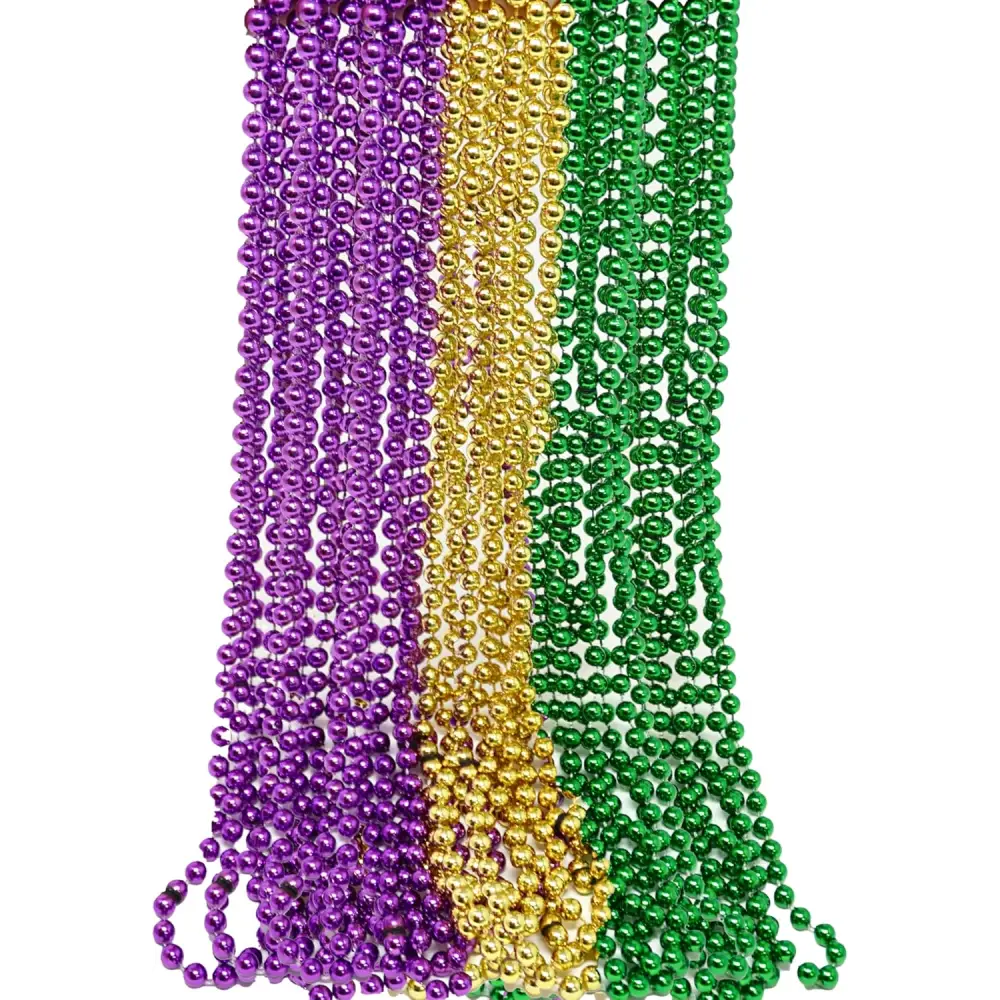4Eโs Novelty 24-Pack Purple Green & Gold Bead Necklaces Mardi Gras Party Supplies