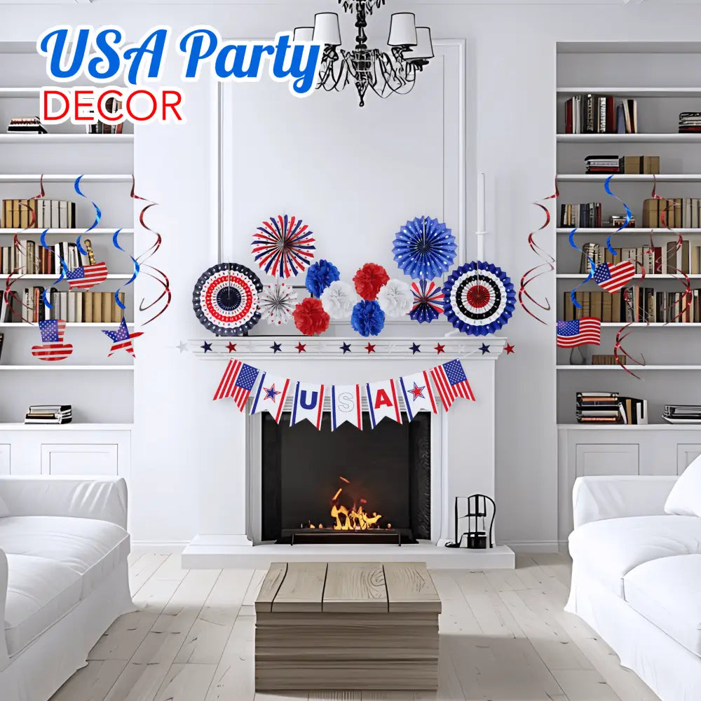 4E’s Novelty 24 Pcs Patriotic Hanging Decorations 6 Pcs Foldable Hanging Patriotic Paper Fans