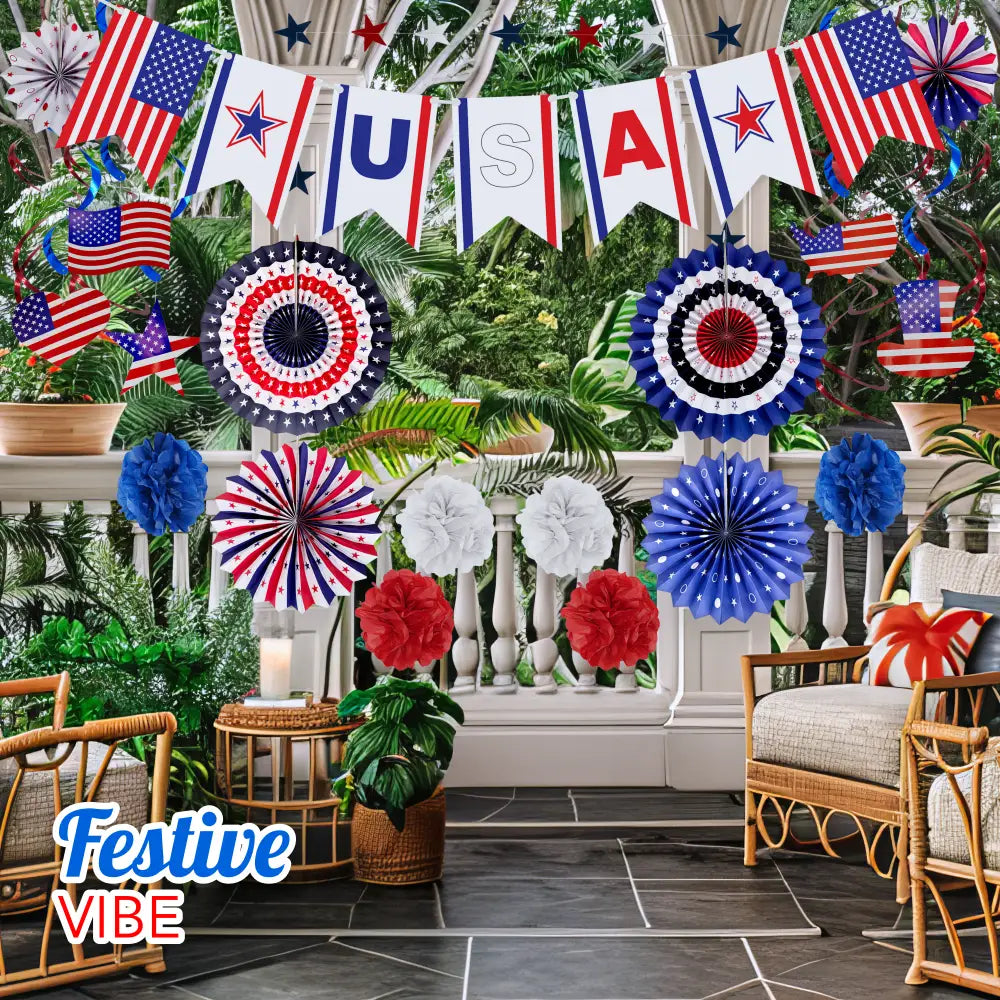 4E’s Novelty 24 Pcs Patriotic Hanging Decorations 6 Pcs Foldable Hanging Patriotic Paper Fans