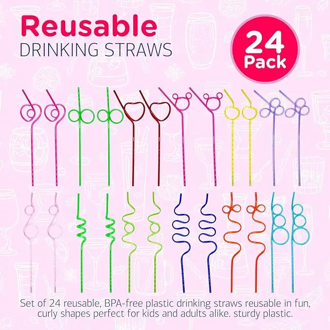 4E’s Novelty 24 Pcs Reusable Twisty Straws – Colorful BPA-Free Crazy Straws for Kids & Adults