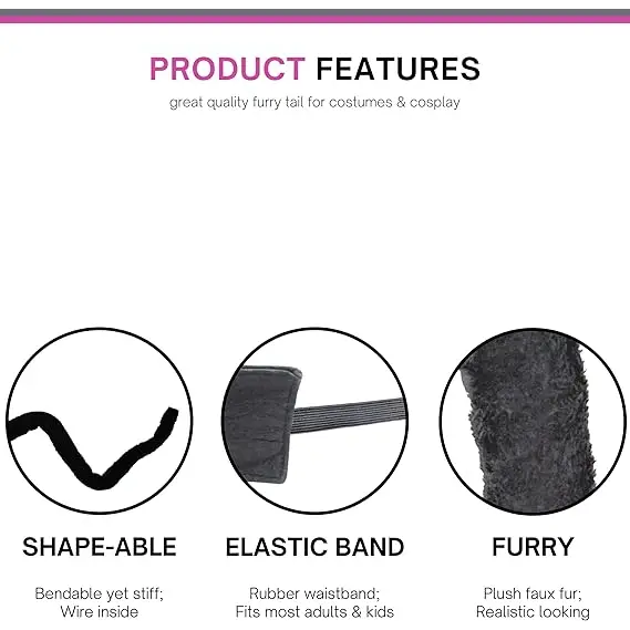 4E’s Novelty 25” Black Furry Tail Costume - Adjustable Black Cat Tail for Adult Women & Kids Girls Cat Tail