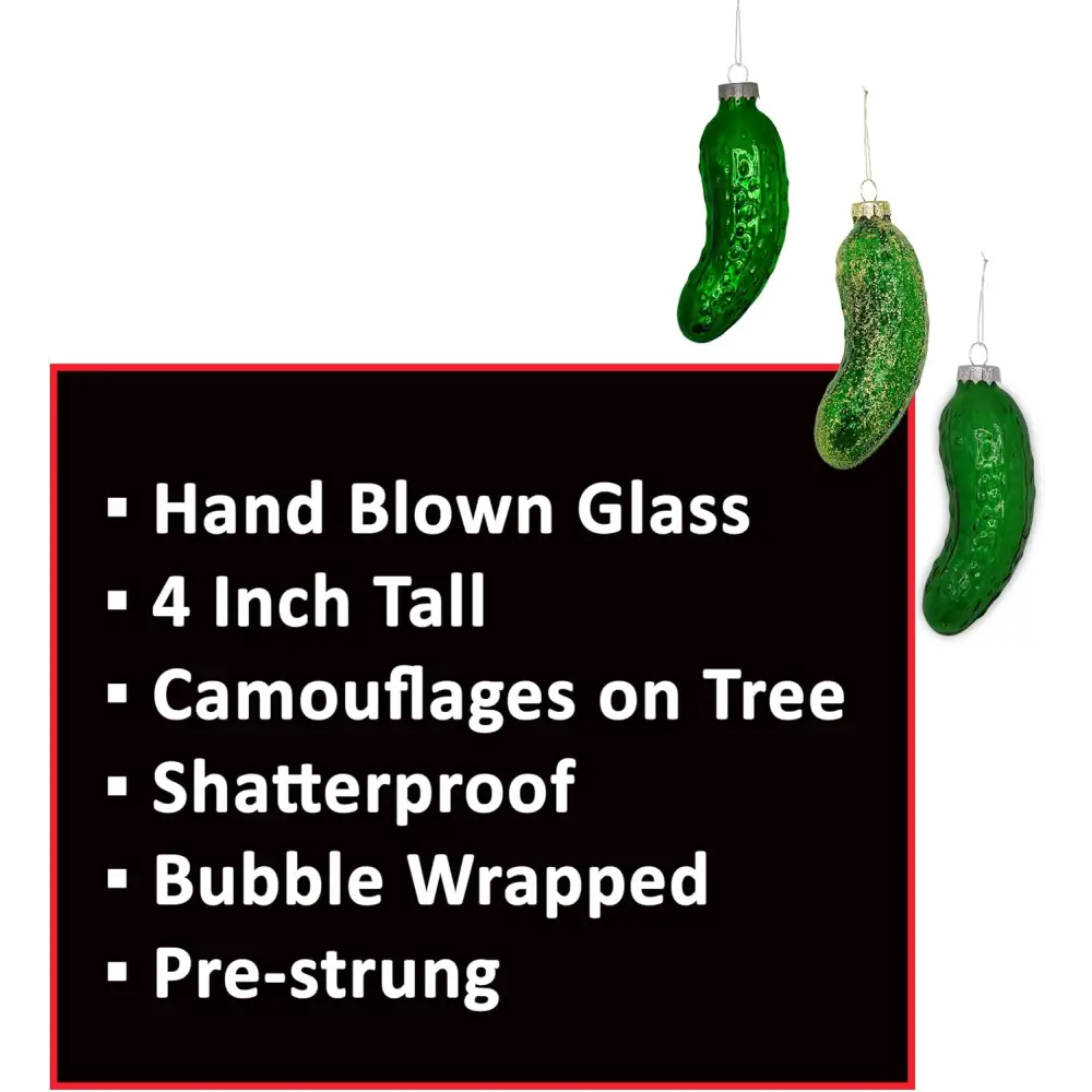 4E’s Novelty 3 Pack Blown Glass Pickle Ornament for Christmas Tree - 4” Christmas Pickle for Traditional German