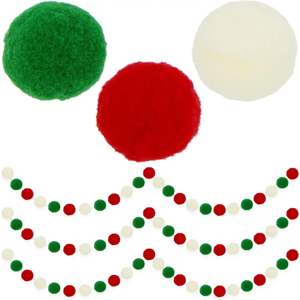 4E’s Novelty 3 Pack Christmas Pom Poms Garland 7ft Each Red White Green Felt Ball Garland for Christmas Tree & Décor
