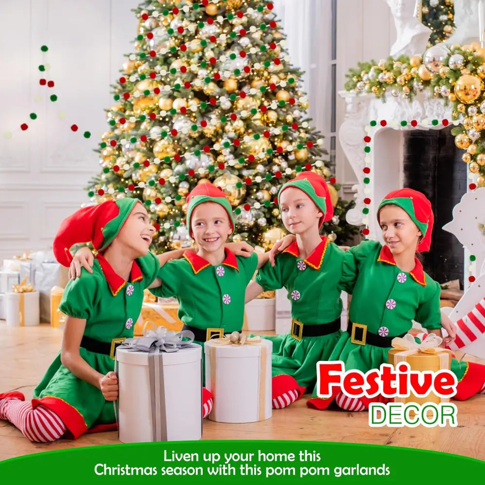 4E’s Novelty 3 Pack Christmas Pom Poms Garland 7ft Each Red White Green Felt Ball Garland for Christmas Tree & Décor