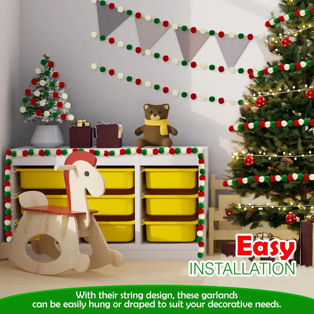 4E’s Novelty 3 Pack Christmas Pom Poms Garland 7ft Each Red White Green Felt Ball Garland for Christmas Tree & Décor