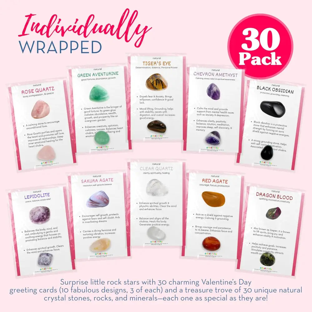 4E’s Novelty 30-Pack Valentines Cards with Rock Gems – Natural Crystal Cards for Kids’ Gifts