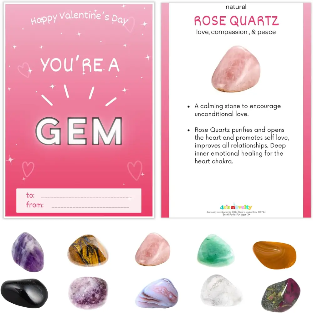 4E’s Novelty 30-Pack Valentines Cards with Rock Gems – Natural Crystal Cards for Kids’ Gifts