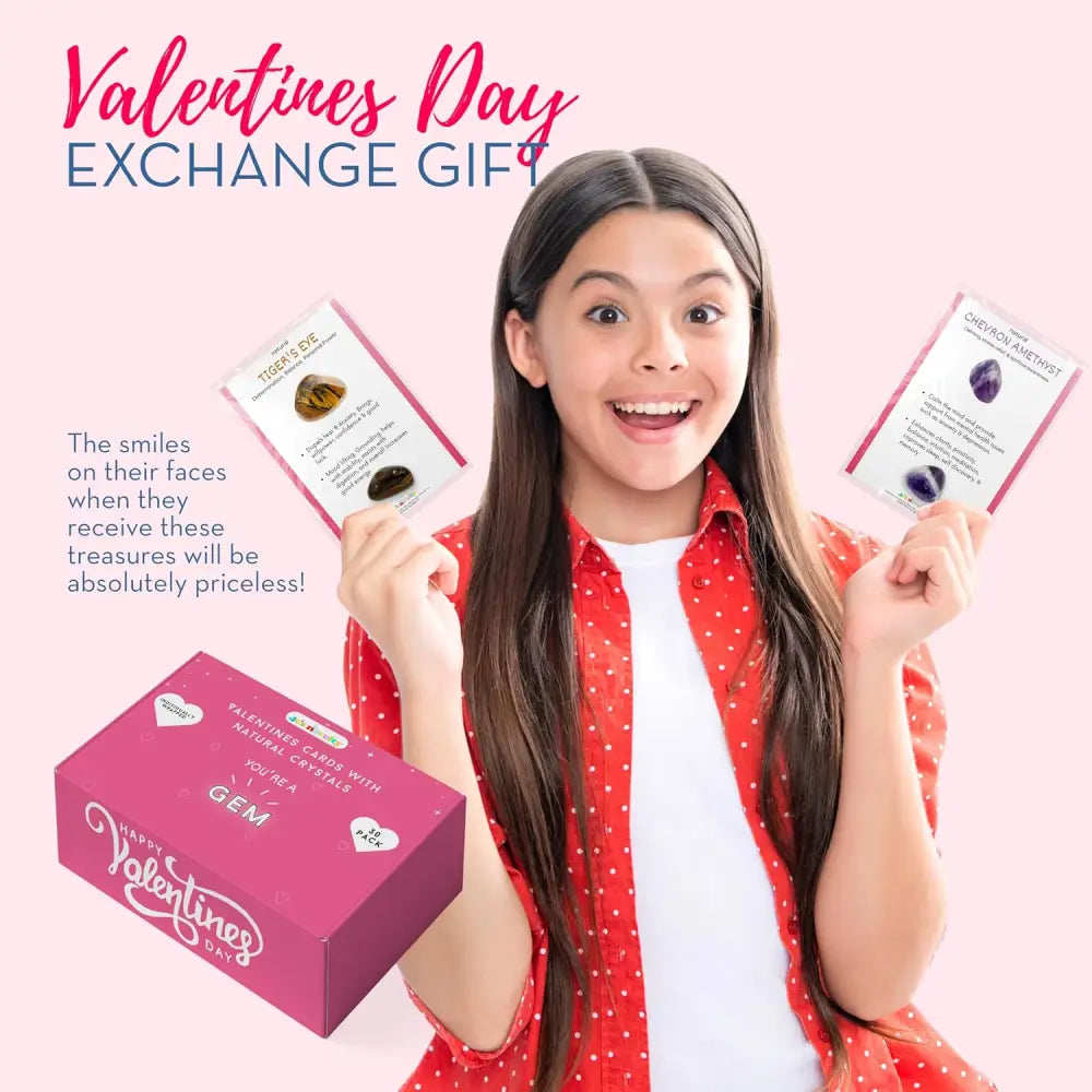 4E’s Novelty 30-Pack Valentines Cards with Rock Gems – Natural Crystal Cards for Kids’ Gifts