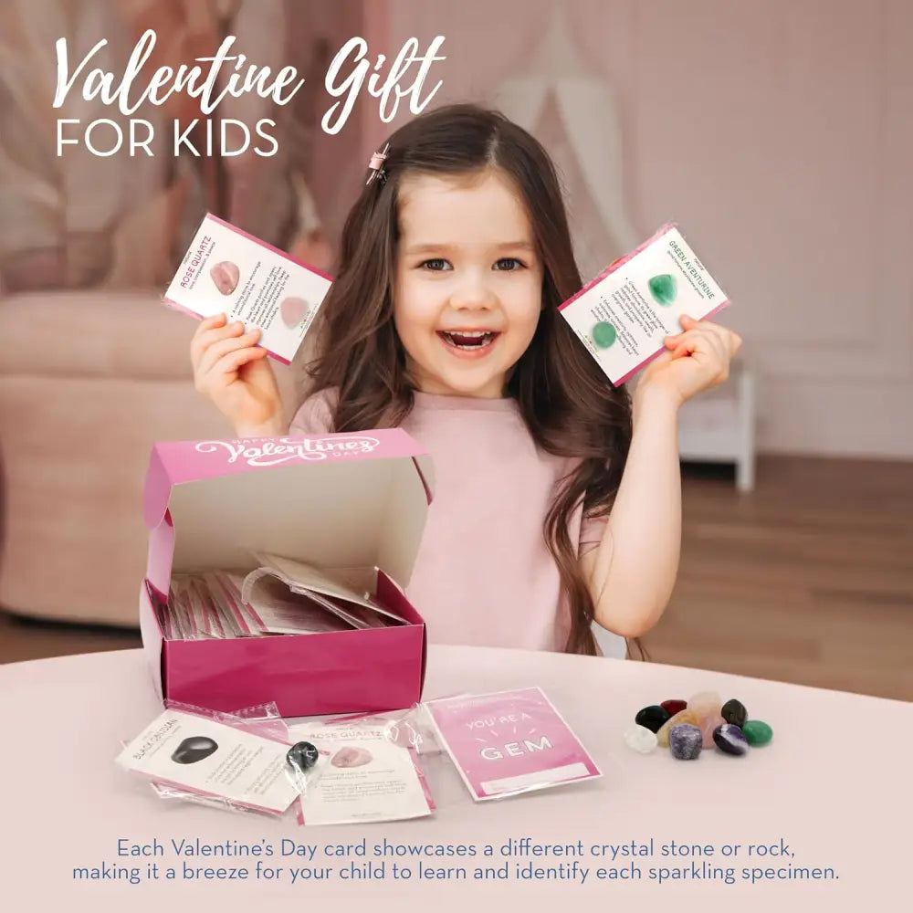 4E’s Novelty 30-Pack Valentines Cards with Rock Gems – Natural Crystal Cards for Kids’ Gifts