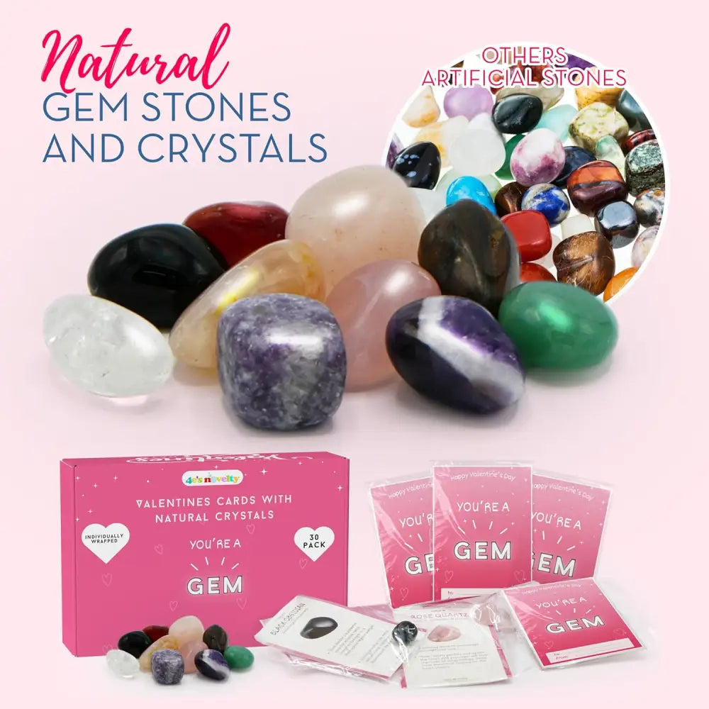 4E’s Novelty 30-Pack Valentines Cards with Rock Gems – Natural Crystal Cards for Kids’ Gifts