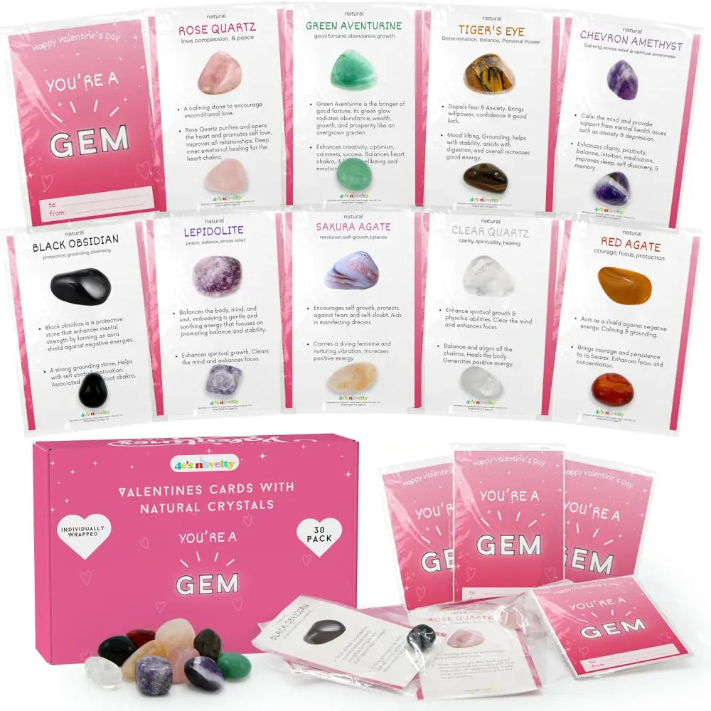 4E’s Novelty 30-Pack Valentines Cards with Rock Gems – Natural Crystal Cards for Kids’ Gifts