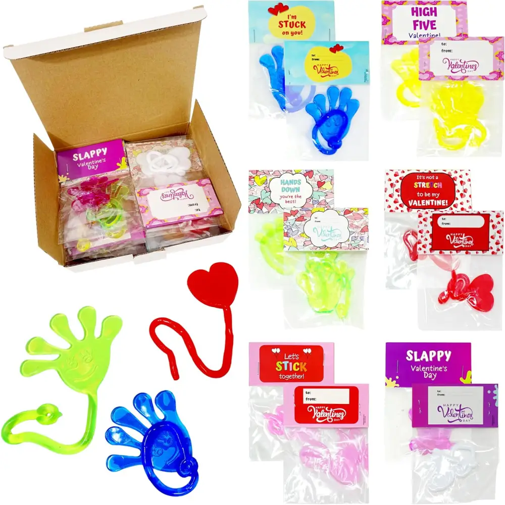4E’s Novelty 32-Pack Slappy Hands with Valentine Cards – Stretchy Toys for Classroom Fun