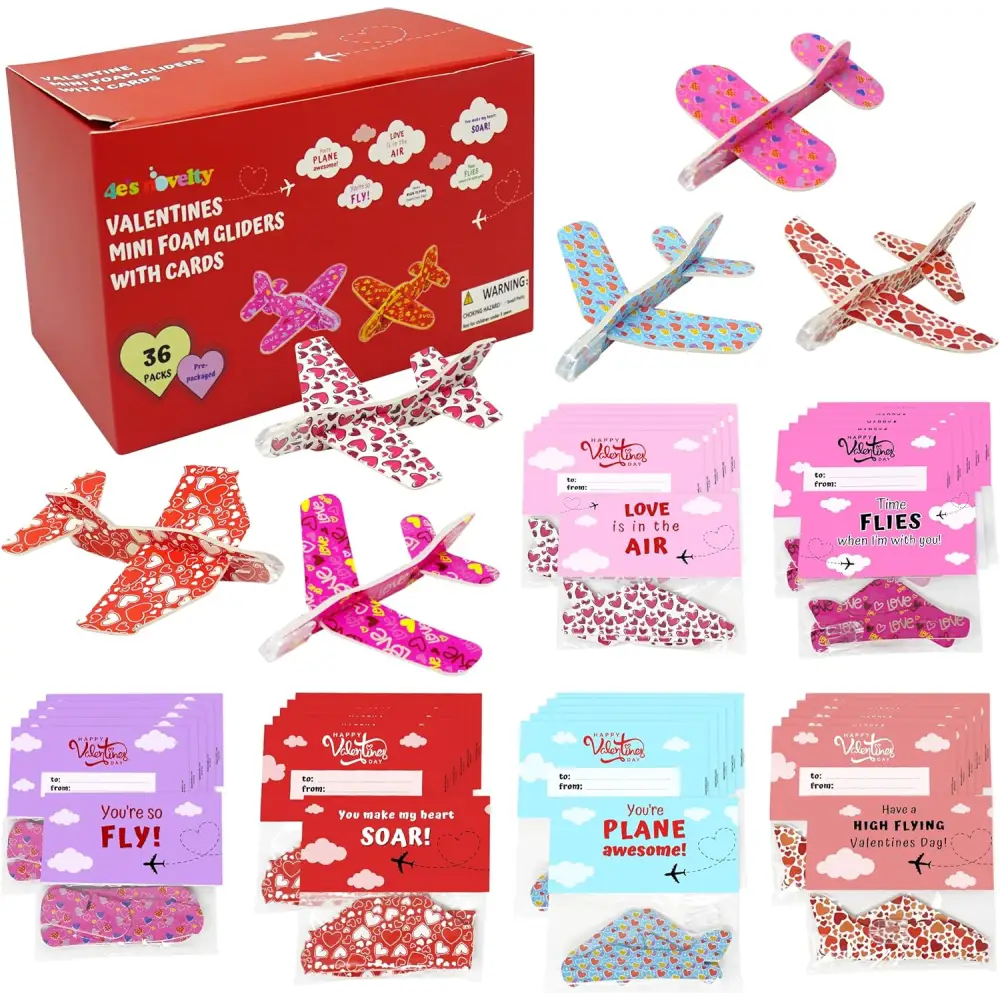 4E’s Novelty 36-Pack Valentine Cards with Foam Airplanes – Fun Classroom Exchange Party Favors