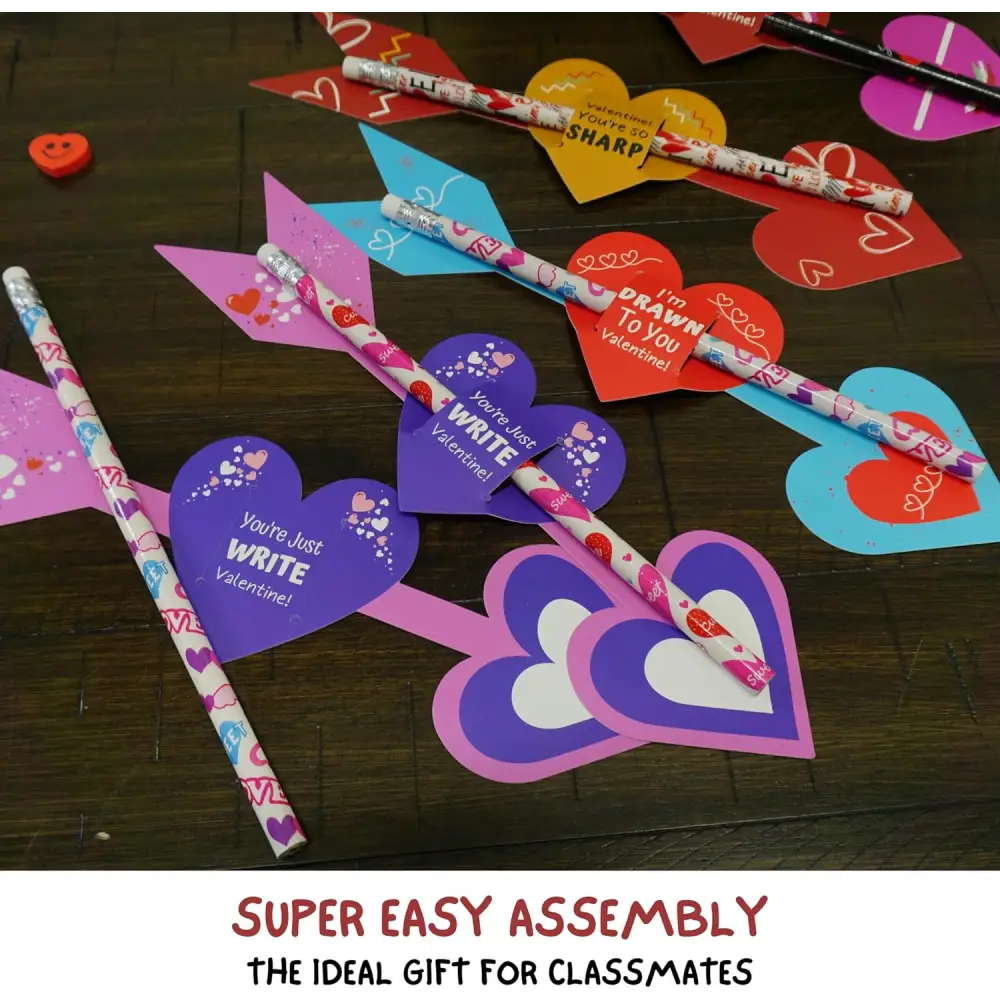 4E’s Novelty 36-Pack Valentine Pencil Set – Pencils Cards & Erasers for Classroom Gifts