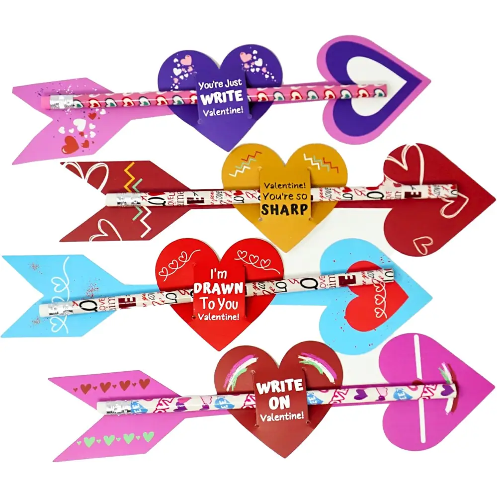 4E’s Novelty 36-Pack Valentine Pencil Set – Pencils Cards & Erasers for Classroom Gifts