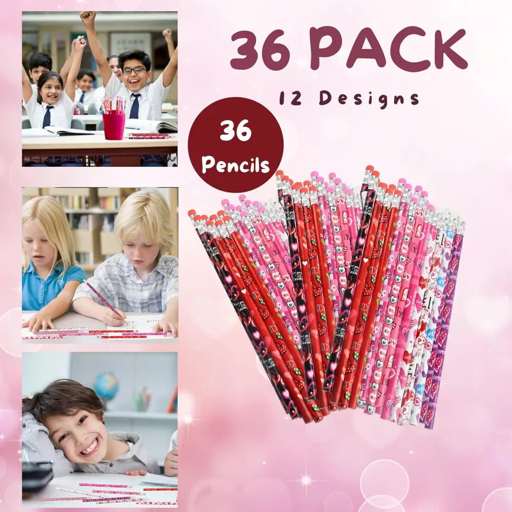 4E’s Novelty 36-Pack Valentine Pencils with Erasers – Heart-Themed Classroom Party Favors