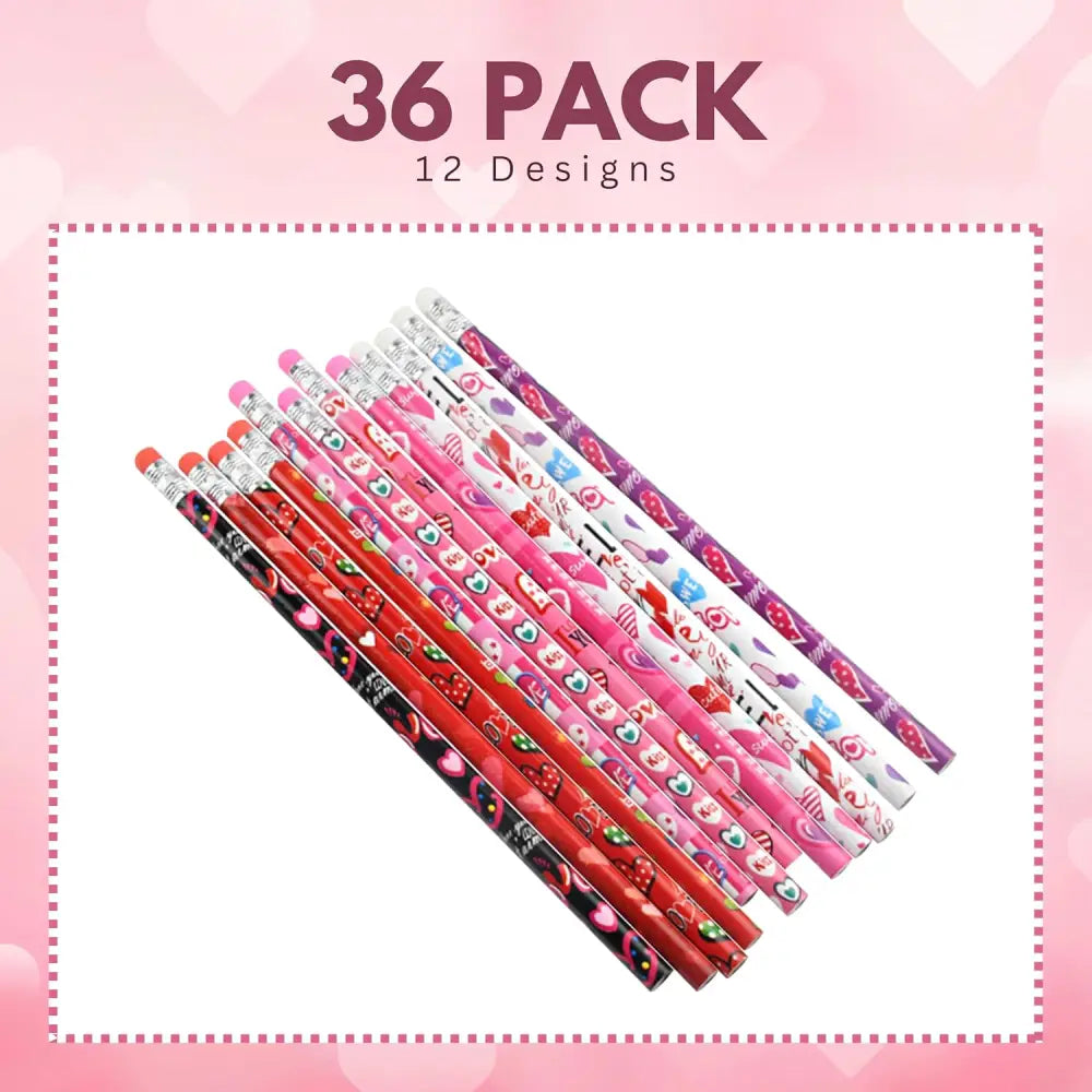 4E’s Novelty 36-Pack Valentine Pencils with Erasers – Heart-Themed Classroom Party Favors